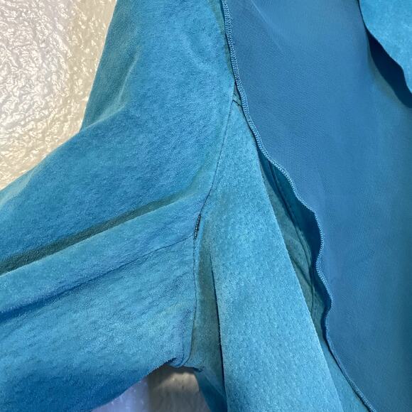 VTG Dialogue Teal Genuine Suede Leather Draped Chiffon Ruffled Jacket Size M Y2K - Picture 3 of 7